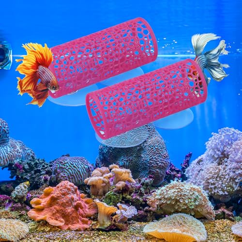 Image of Honeydak 2 Pcs Betta Fish Tank Accessories Betta Tunnel Fish Toys Safe Hollow Hammock Cave Aquarium Decor with Suction Cups for Small Shrimp Reptile Guppies(Pink,Hideout Tube)