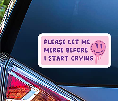 Image of WSQ Funny inchPlease Let Me Merge Before I Start Crying inch Bumper Sticker - 8 inch Waterproof Pink Vinyl Car Decal - Cute Sarcastic Driving Sticker for Women, Teens, New Drivers