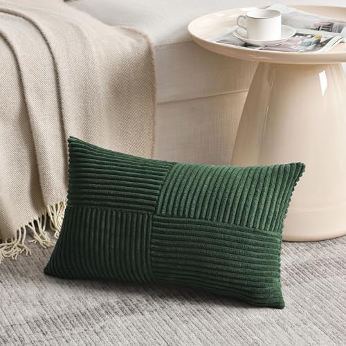 Image of Fancy Homi 2 Packs Dark Green Lumbar Decorative Throw Pillow Covers 16x26 Inch for Living Room Couch Bed, Rustic Farmhouse Boho Home Decor, Soft Striped Corduroy Rectangle Accent Cushion Case 65x40 cm