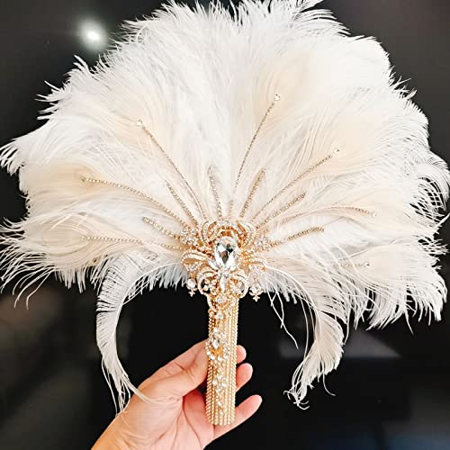 Gold Bridal Brooch Bouquet Ostrich Large Alternative Feather Fan Bridal Bouquet Ivory, Holding Flowers, 1920S Art Deco Wedding, 20S Bouquet #TOP4