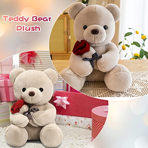 Teddybär, Plüsch-Bär, Teddy mit Rose, 23 cm Teddybären Rose Stofftier Spielzeug Dekozimmer Kissen, Plüschtier Kuscheltier Schmusetier Geschenke für Mama, Kinder Mädchen, Geburtstag, Valentinstag