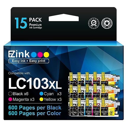 E-Z Ink LC103XL LC103 LC101XL Ink Cartridges Compatible Replacement for Brother LC103XL LC101XL with MFC-J870DW MFC-J475DW MFC-J6920DW MFC-J6520DW 15 Pack(6 Black 3 Cyan 3 Magenta 3 Yellow)