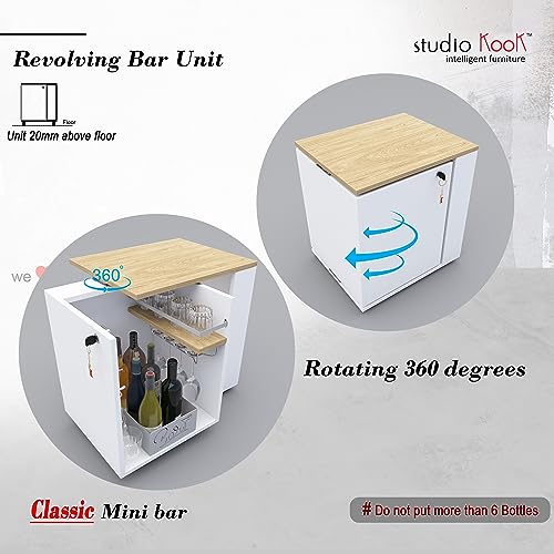 Image of Studio Kook Classic Mini Bar - 360 Revolving Wooden Home Bar Cabinet with Lock, Stainless Steel Glass Holder, Delivered Preassembled (White)