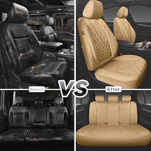 Image of CAR PASS Piping Luxury Leather Seat Covers Full Set,5 Seats Leatherette Anti-Slip Waterproof Seat Covers Compatible with Front Armrests,Universal Fit for Suvs,Vans,Trucks,Airbag Compatible,Pure Beige