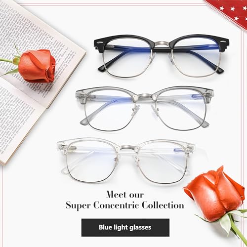 Image of Przene Blue Light Blocking Glasses for Men Women Retro Round Semi Rimless UV400 Computer Eyewear 3-Pack Black /grey /transparent