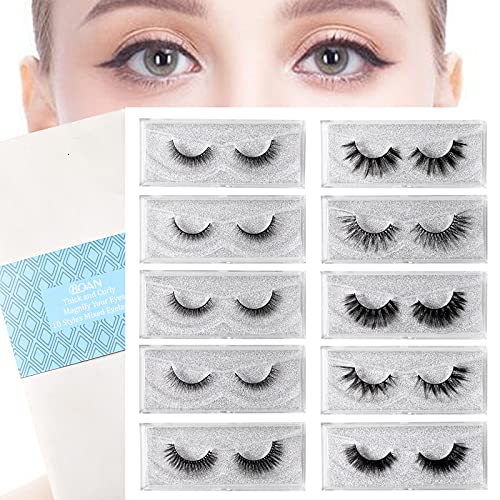 Lashes Mink Natural Look Same Styles 10 Pairs Reusable Lash Pack With Individual Glitter Portable Boxes, 10 Styles Fake
