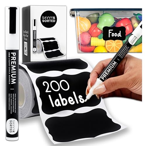 200 Chalkboard Labels for Containers - Waterproof Black Jar Labels with Chalk Markers, Reusable Chalk Stickers Kitchen Pantry Containers and Storage Bin Organization