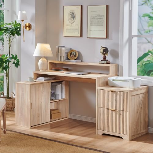 Image of 67 inch Modern Desk with Cabinet & 2 Drawers, Office Desk Built‑in Outlet | luted Computer Writing Desk, storage cabinet with sliding doors, Oak