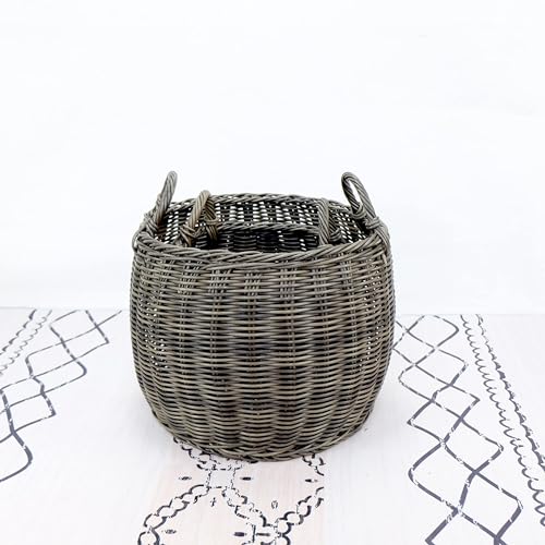 Generic 2 Pack Stackable Hand Woven Wicker Storage and Laundry Basket with Handles, Dark Gray