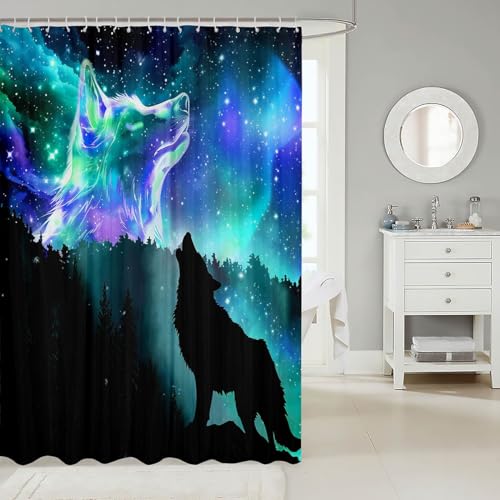 Image of Howling Wolf Bathroom Shower Curtain Set Galaxy Wolf Shower Curtain Northern Light Bath Curtain for Kids Boys Girls Starry Sky Aurora Wild Animal Waterproof Bathroom Curtains with Hooks 72x78 Inch