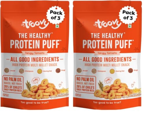 Image of Troovy Healthy High Protein Puffs | Tangy Tomato Flavour | No Palm Oil, Cholesterol or Trans Fats, No Junk & Chemicals | Made with Multiple Millets, Grains and Dal (80g (Pack of 6))