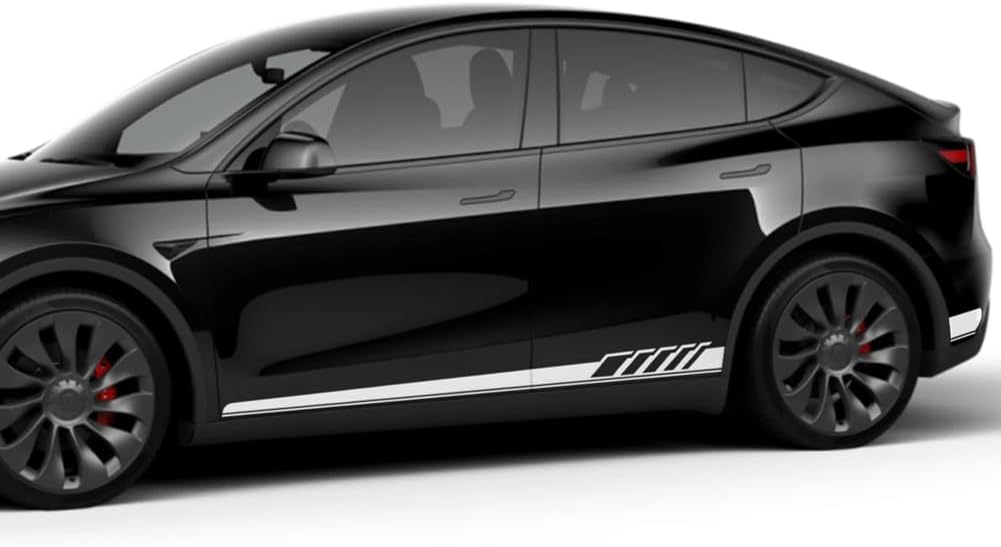 カーレーシングストライプスポーツデカールエディション1ドアサイドスカートボディステッカー、テスラ用、モデル3 YS用