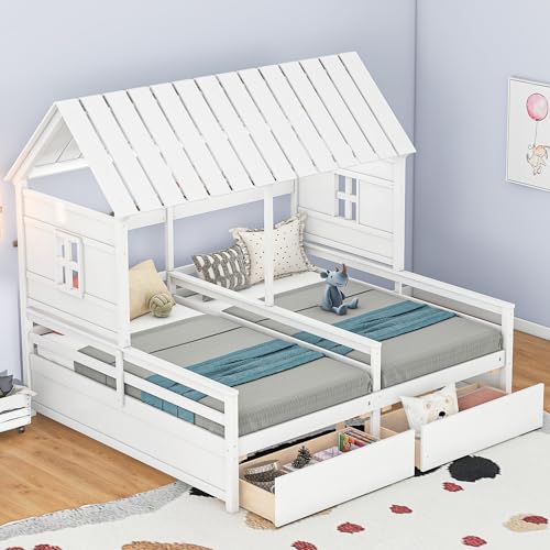 Double Shared Bed, Twin Size House Platform Beds with Two Drawers for Boy and Girl Shared Beds, Combination of 2 Side by Side Twin Size Beds, Easy Assembly, No Box Spring Needed (White)