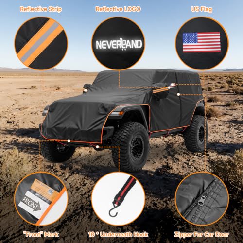 Image of NEVERLAND Wrangler Extended Cab Cover Outdoor - 2007-2026 Wrangler JKU JLU 4 Door, Waterproof UV Half Cover Rain Cover with Door Zipper, 10 Adjustable Hooks, Reflective Strips, American Flag Design