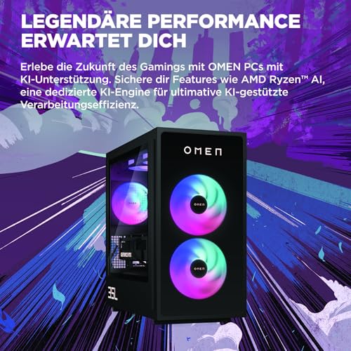 HP Omen GT16-0274ng 35L Gaming Desktop PC, AMD Ryzen 7 8700F, 32 GB DDR5-SDRAM, 1 TB SSD, NVIDIA GeForce RTX 5070, Tower PC, Windows 11 Home, Schwarzes Metall mit Glas Blende