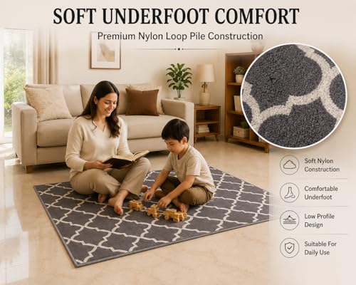 Image of Matz&More Trellis Islamic Rug | 100x150 CM | Grey Beige | Soft Nylon Loop Pile with Anti-Slip Gel Backing | Living Room, Bedroom & Office Floor Carpet