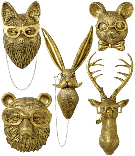 montresor 5 PCS Animals Head Wall Art Sculptures 17 inchs Gold Office Vintage 3D Wall Decor Art for Whimsigoth Home Wall Decor Lightweight Material Accent Wall Hanging Room Decor Maximalist Decor