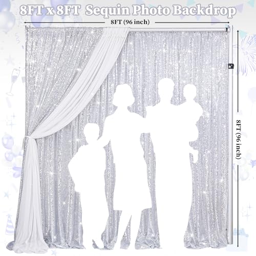 Image of Silver Sequin Backdrop Curtain Drapes 8ftx8ft Glitter Fabric Photo Backdrop | Twilight Sparkle Photo Backdrop Curtain for Wedding /Baby Shower /Pincess Happy Birthday /Graduations /New Years /Theme Party