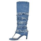 sexytag Women's Open Toe Knee High Boots Denim Thong High Heel Jean Sandals Boots Distressed Pant Detail Patchwork Fashion Statement Kitten Low Heel Side Zipper Stretch Tall Sandal Denim Size 9