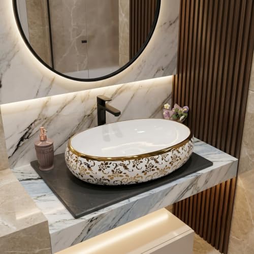 Image of Luxurious Golden Table Top for Bathroom /Ceramic Bathroom Wash Basin /Countertop Wash Basin (25x15inch)