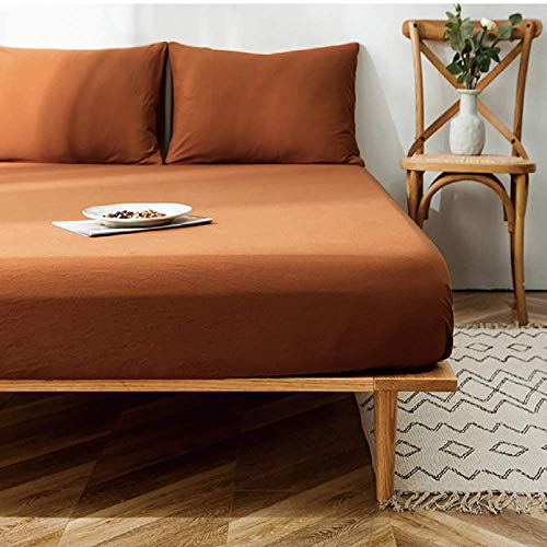 Amwan Solid Pumpkin Color Fitted Sheet Queen Soft Jersey Knit Cotton Bedding Sheet Solid Pumpkin Caramel Mattress Cover Deep Pocket Home Hotel Bed Bottom Sheet For Him Or Her (No Pillowcases) #TOP5