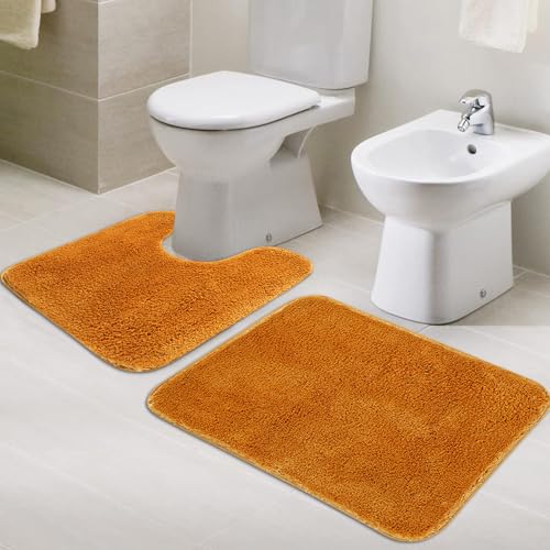 Image of Pano Microfiber Anti Slip Bathmat Set with Contour, Soft & Super Absorbent Mats for Shower, Washable, Non-Slip & Quick-Drying Mats for Home, Kitchen, Office, Pack of 2 (Gold, 50X75 Cm & 50X50 Cm)