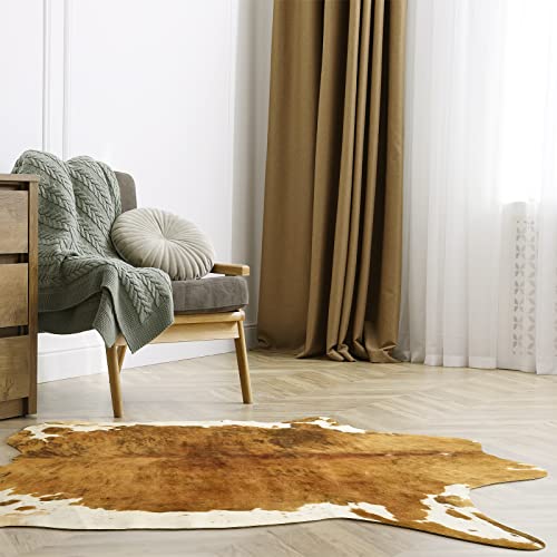 Beraliy Cowhide Rug, 4.6 X 5.2 Ft Large Cow Print Rug For Bedroom, Faux Fur Animal Cow Hide Carpet For Western Decor Living Room, Brown #TOP3
