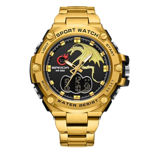rorios Herren Elektronische Dual Display Uhr 5ATM wasserdichte Armbanduhr Digital Analog Quarz Uhren Multifunktional Militär Herrenuhren Edelstahl Armband Schwarz Gold