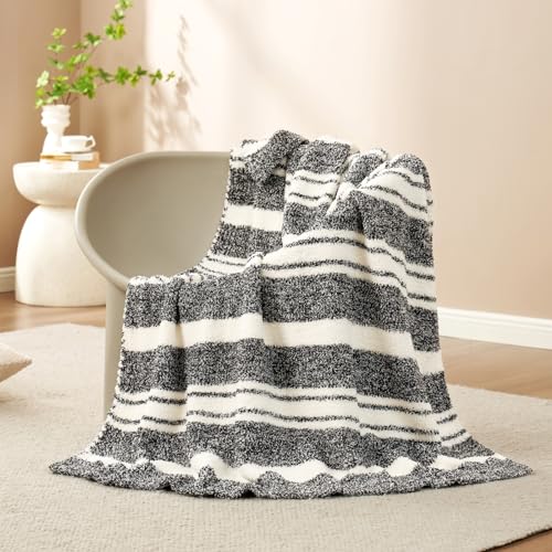 Image of Snuggle Sac Heather Throw Blanket for Couch, Reversible Super Soft Blankets Warm Cozy Knit Fuzzy Plush Lightweight for Sofa, Bed, Camping, Picnic (Stripe Black, Throw(50 inchx 60 inch))