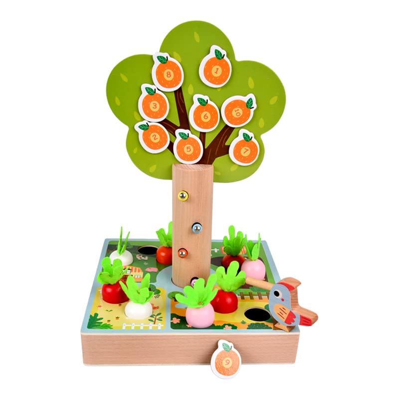 CORDOVAToddler Fine Game Parent Interactive Wooden Educational Children's Woodpecker Magnetic Catching Insects Game Happy Farm Fun Pulling Radish Toy 3 Ages+ Children - 3 in 1