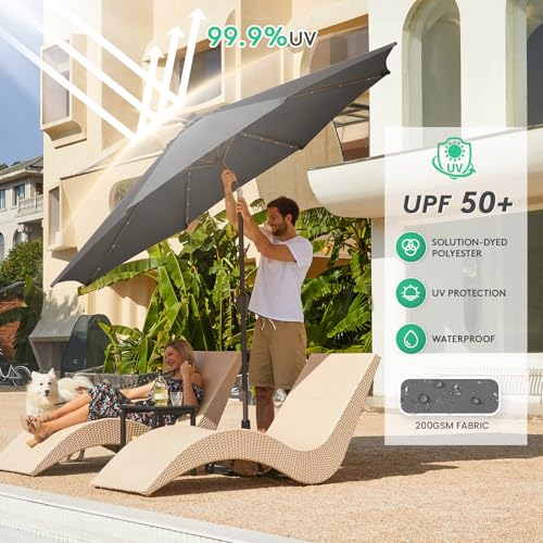 Image of JEAREY 9FT Outdoor Patio Umbrella with Solar Lights, LED Lighted Pool Umbrella with Tilt and Crank, Outdoor Table Umbrellas for Deck, Yard & Market (Dark Gray)