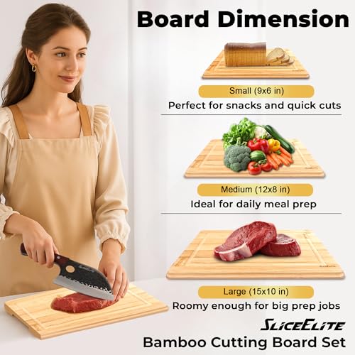 SliceElite Bamboo Cutting Board Set of 3 Wooden Cutting Boards for Kitchen with Juice Grooves Side Handles Bamboo Chopping Boards for Meat Vegetables Fruit Bread Charcuterie Meal Prep Serving Tray Set by SliceElite - Image 4