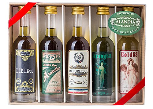 Absinth Starter Set von ALANDIA | Komplett mit 5x original Absinthes | 1x Reservoir Glas | 1x Edelstahl Löffel | 1x Zuckerwürfel | Auch super als Geschenk 0,25 l