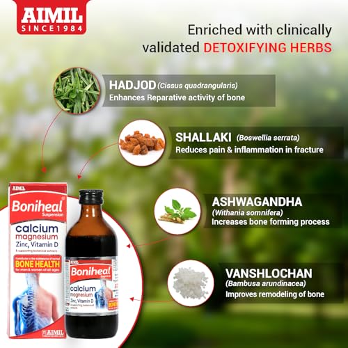 Image of AIMIL Boniheal Suspension (200ml) | Calcium Supplement with Magnesium, Zinc & Vitamin D | Herbal Tonic for Bone Health & Joint Pain Relief for Men & Women (Pack of 3)