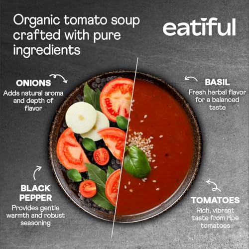 Image of EATIFUL Organic Tomato Soup, Ready To Eat Vegan Plant Based Creamy Tomatoes Soup, No Added Preservatives, Gluten Free, NON GMO, 14.1 Ounce (Pack of 3)