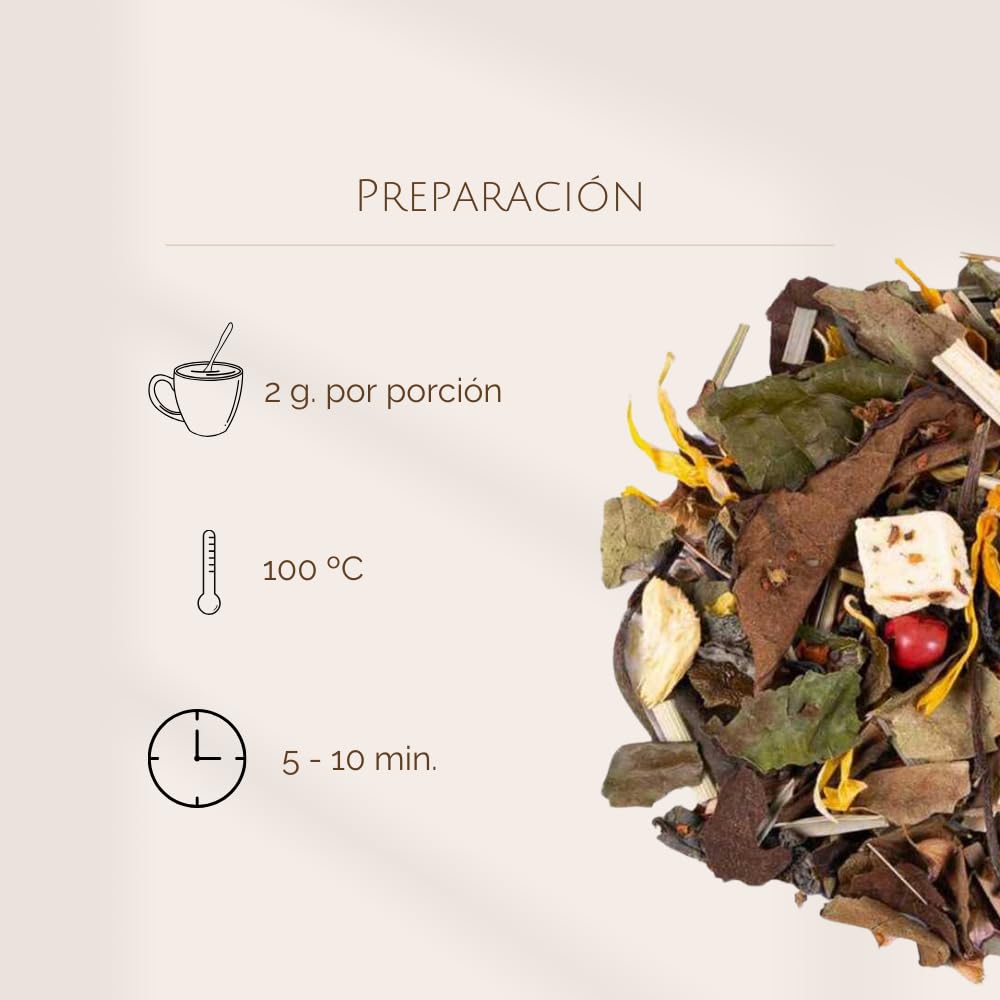 Mezcla Te Verde y Blanco Jengibre y Mango a Granel 100 Gramos - My Tea Moments - Cultivo Sostenible - Ingredientes Naturales: Caléndula, Citronela, Guaraná, Jengibre, Mango, Pimienta Rosa, Tulsi.