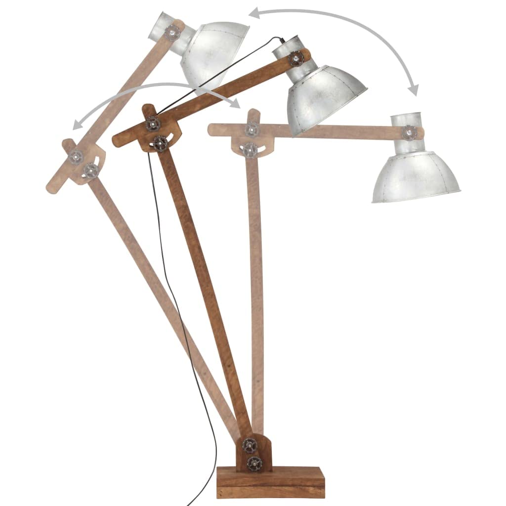 Srebrna lampa stojąca z litego drewna mango i regulowanym żelaznym kloszem, oprawa E27, możliwość ściemniania, do salonu, sypialni, korytarza, biura, nowoczesny industrialny design