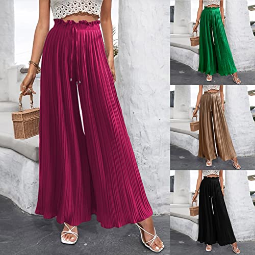 HGps8w Women's Chiffon Pants Casual Loose Elastic Waist Pleated Wide Leg Palazzo Pants with Drawstring2