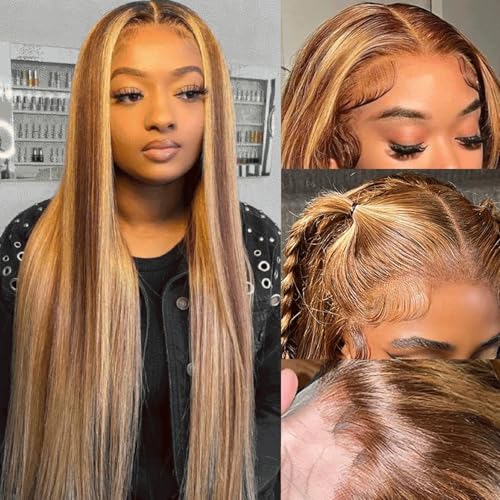 Image of LETMIEO 24 inch Ombre Lace Front Wig Human Hair 4 /27 Colored 13x6 HD Straight Highlight Wig Human Hair 180% Density Honey Blonde Lace Frontal Wigs for Women Glueless Pre Plucked with Baby Hair