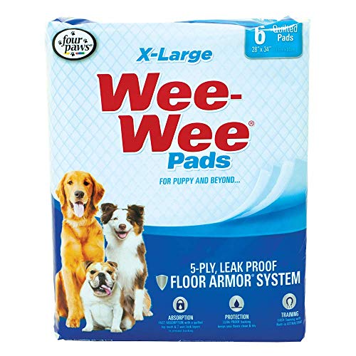 Image of Four Paws Wee-Wee Superior Performance X-Large Dog Pee Pads, 6 Count | Puppy & dog potty training pads, housebreaking supplies, xl puppy pads, pet supplies, 24-hour floor protection, 28 inch x 34 inch