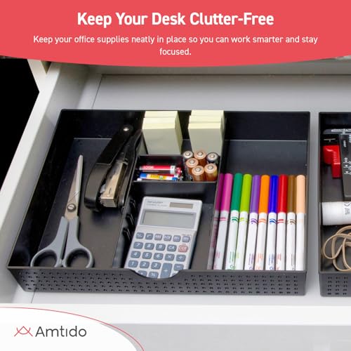 Amtido Desk Drawer Organiser Tray for Office Stationary Supplies & Accessories - Sleek 3 Compartments Stationery Organisers with 2 Adjustable Dividers - Black Desk Tidy Organiser - Image 3