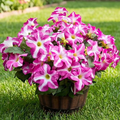 Artificial Fake Flowers Plants for Outdoor Decoration, 4PCS Faux Petunias Silk Flower UV Resistant No Fade for Home Outside Garden Balcony Yard Porch Realistic Indoor Decor (PurplePink)