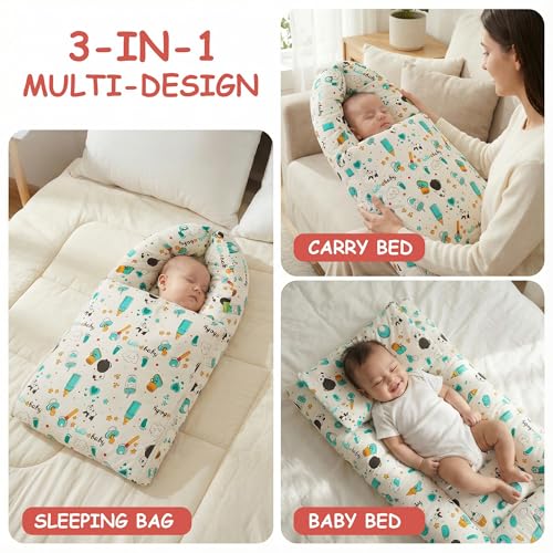 Image of Baybee Panda 3-in-1 Baby Cotton Carry Nest for Newborns 0-12 Months | Portable Baby Activity Nest | Ultra Soft, Lightweight, Travel Friendly & Washable (Green)