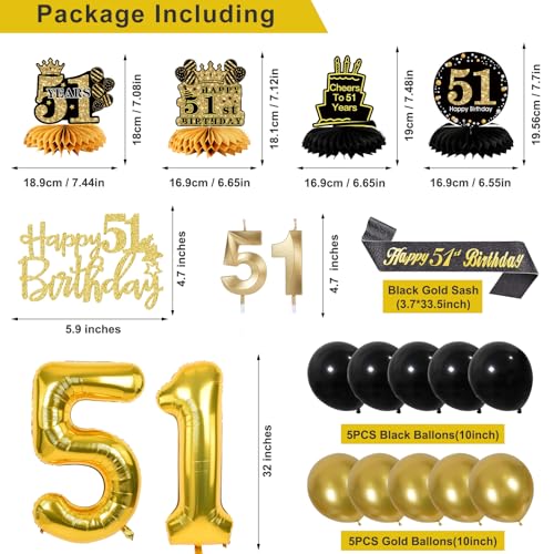 Image of 51st Birthday Decorations for Men, Black Gold 51st Party Decoration Kits | 27pcs Happy 51st Birthday Set, Banner, Honeycomb, Balloons, Gold Number, Candle, Hanging Swirls, Cake Topper, Party Supplies