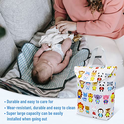 Hanging Wet Dry Bag 23x28cm/9x11in, Small Cute Wet Bag for Cloth Diapers with 2 Compartments, Water Resistant Swimsuit Wet Bag Pouch for Travel, Beach Pool (Animals)