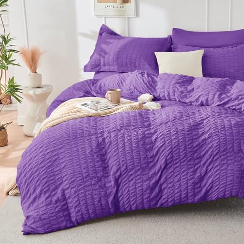 Image of HYMOKEGE Bright Purple Full Size Comforter Sets Seersucker 7 Pieces, All Season Luxury Bed in a Bag for Bedroom, Bedding Set with Comforter, Sheets, Pillowcases & Shams
