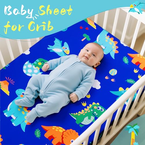 Image of Cloele Dinosaur Fitted Crib Sheet,Blue Baby Sheet, 52x28in | Soft Cozy, Standard Crib and Toddler Mattresses,Blue Nursery Bed Toddler Sheet, For Boys Girls