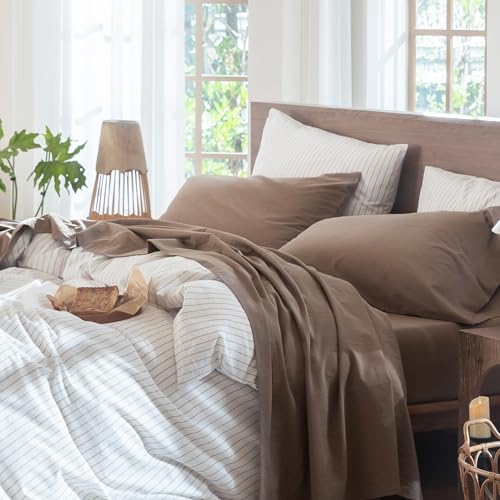 Image of MooMee Sheet Set 100% Washed Cotton Linen-Like Extra Deep Pocket Queen | Relaxed Linen-like Texture. Soft, Breathable & Lightweight Comfort. 15-19 inch Extra Deep Pocket with All-around Elastic