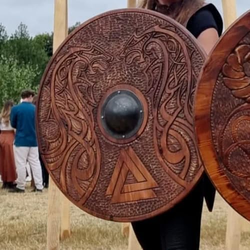 Miniatura 2 de Medieval Viking Shield Hand-Carved Dragon Design, Battle-Worn Norse Knight Wooden Shield with Iron Accents for Roleplay & Cosplay Brown