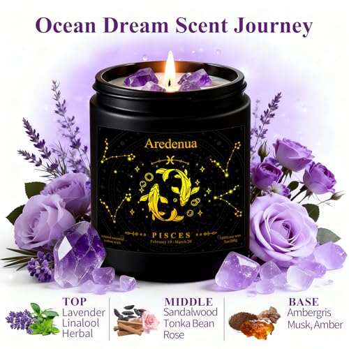 Image of Pisces Zodiac Candles with Amethyst Crystals, Ocean Dream Scent